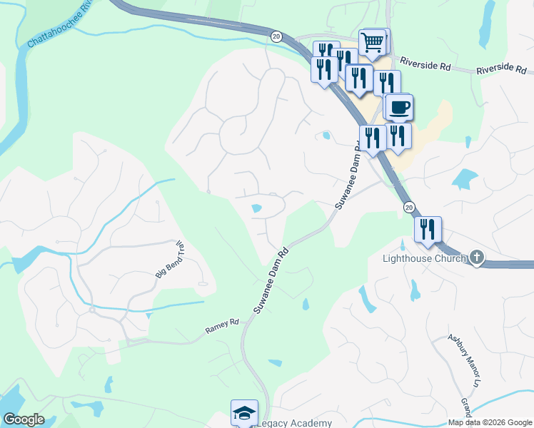 map of restaurants, bars, coffee shops, grocery stores, and more near 246 Ridge Walk Court in Sugar Hill