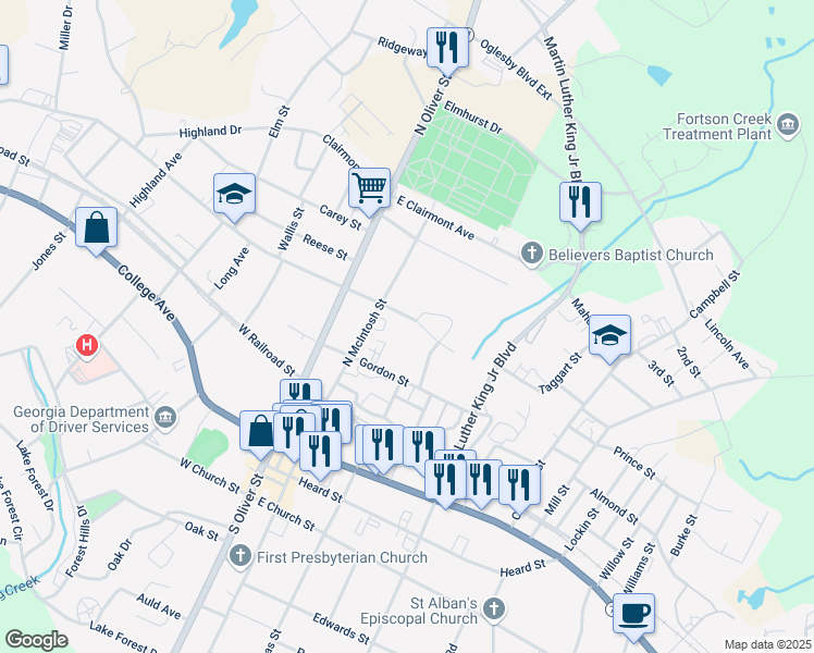 map of restaurants, bars, coffee shops, grocery stores, and more near 330 East Tate Street in Elberton