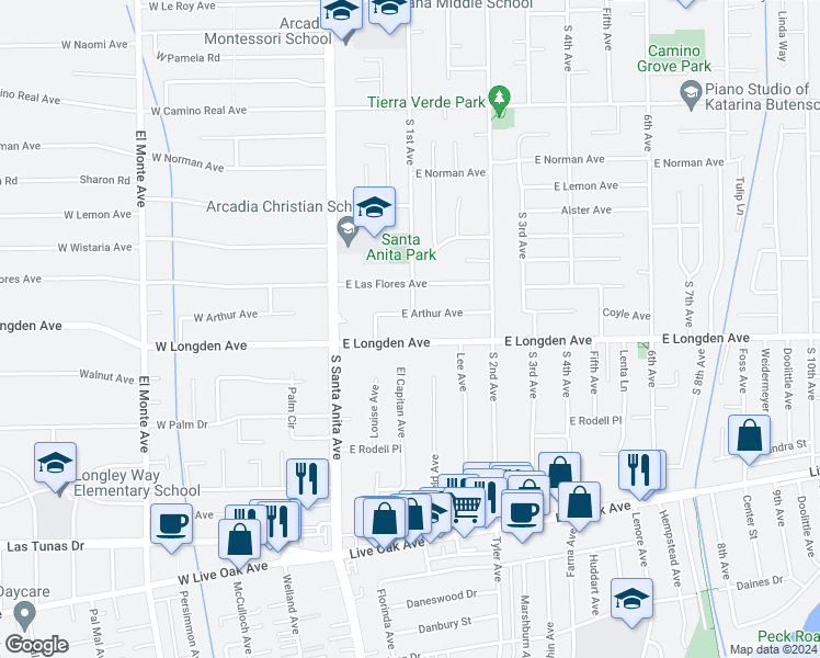 map of restaurants, bars, coffee shops, grocery stores, and more near 89 East Longden Avenue in Arcadia