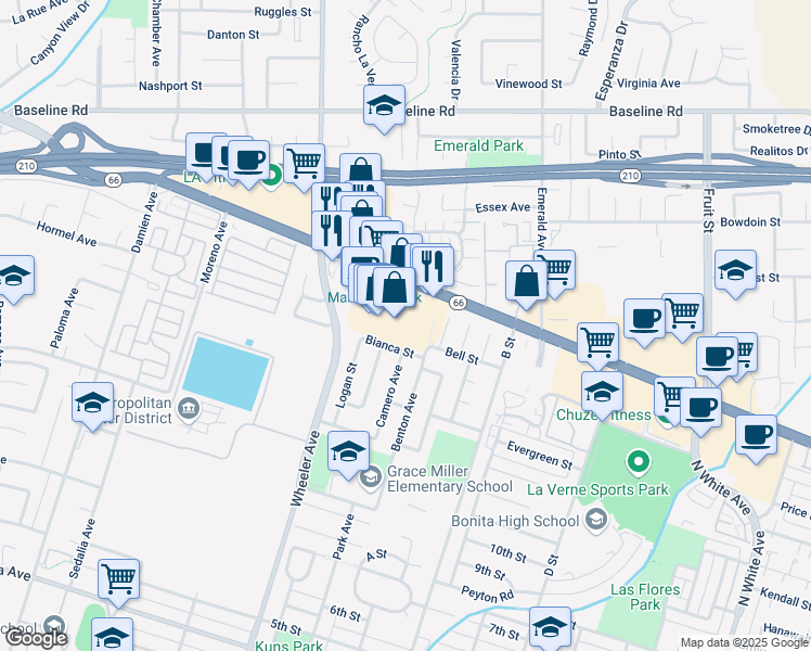 map of restaurants, bars, coffee shops, grocery stores, and more near 1572 Foothill Boulevard in La Verne