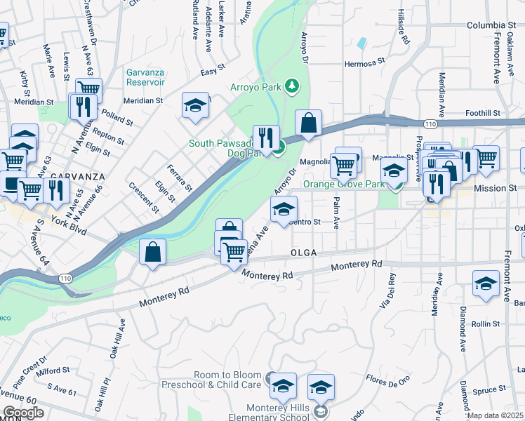 map of restaurants, bars, coffee shops, grocery stores, and more near 942 Arroyo Drive in South Pasadena