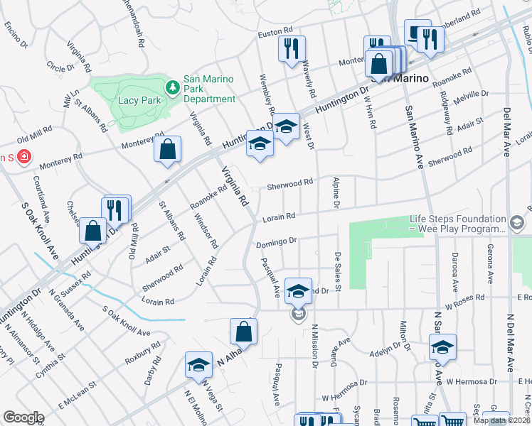 map of restaurants, bars, coffee shops, grocery stores, and more near 1645 Lorain Road in San Marino