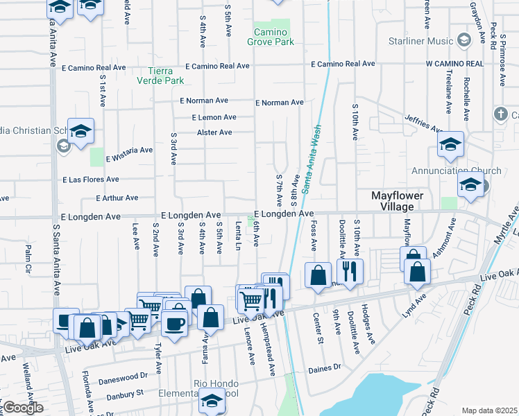map of restaurants, bars, coffee shops, grocery stores, and more near 603 East Longden Avenue in Arcadia