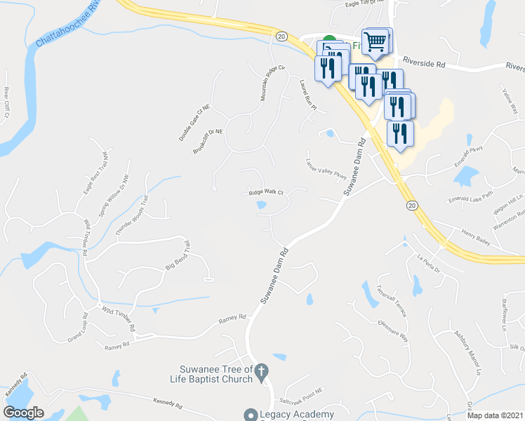 map of restaurants, bars, coffee shops, grocery stores, and more near 216 Ridge Walk Court in Sugar Hill