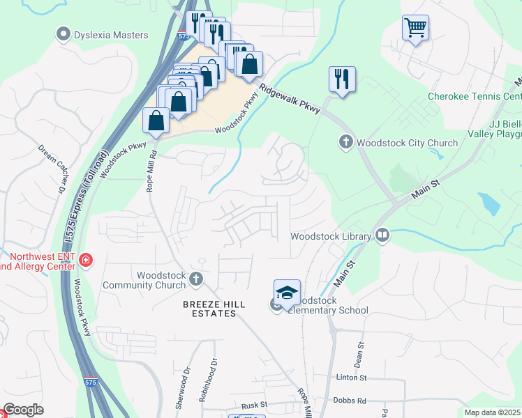 map of restaurants, bars, coffee shops, grocery stores, and more near 851 Society Court in Woodstock