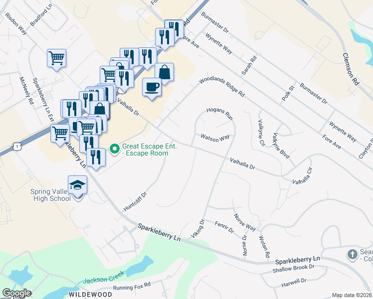 map of restaurants, bars, coffee shops, grocery stores, and more near 1105 Valhalla Dr in Columbia