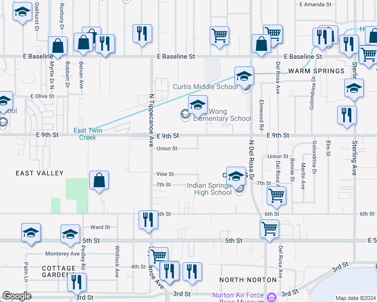 map of restaurants, bars, coffee shops, grocery stores, and more near 25041 Union Street in San Bernardino