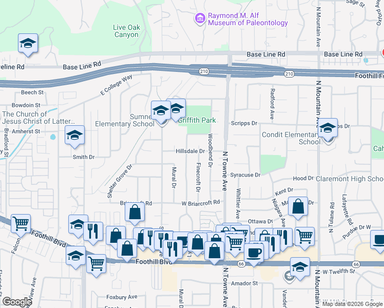 map of restaurants, bars, coffee shops, grocery stores, and more near 1186 Hillsdale Drive in Claremont