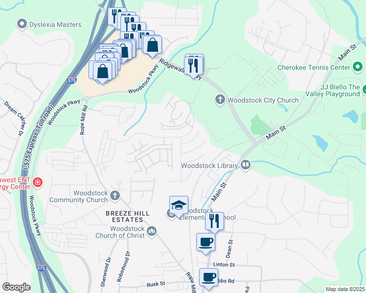 map of restaurants, bars, coffee shops, grocery stores, and more near 200 Mincey Way in Woodstock