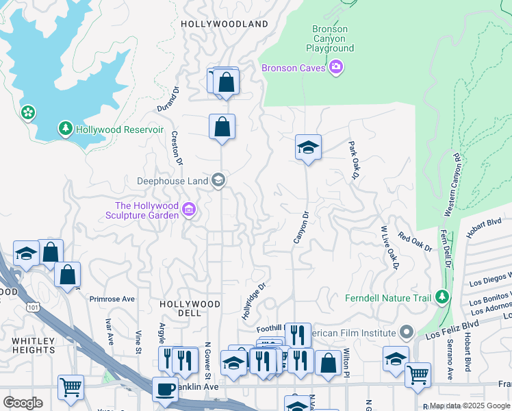 map of restaurants, bars, coffee shops, grocery stores, and more near 2620 Rutherford Drive in Los Angeles