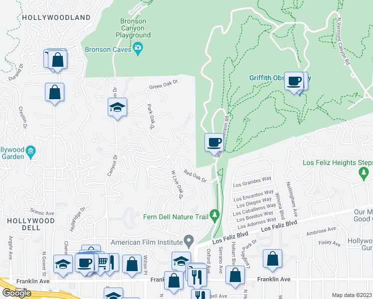 map of restaurants, bars, coffee shops, grocery stores, and more near 5514 Ridge Oak Drive in Los Angeles