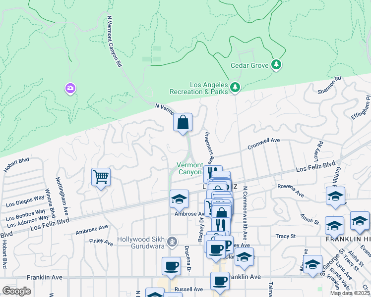 map of restaurants, bars, coffee shops, grocery stores, and more near 2443 North Vermont Avenue in Los Angeles