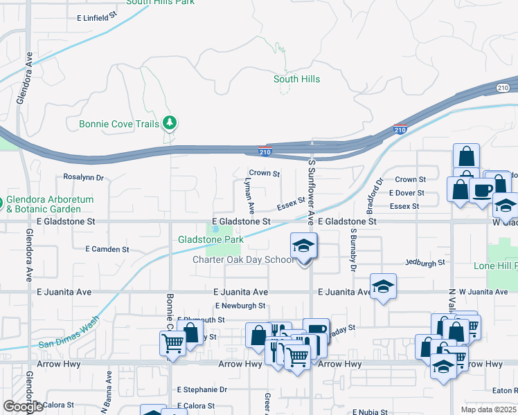 map of restaurants, bars, coffee shops, grocery stores, and more near 735 Essex Street in Glendora