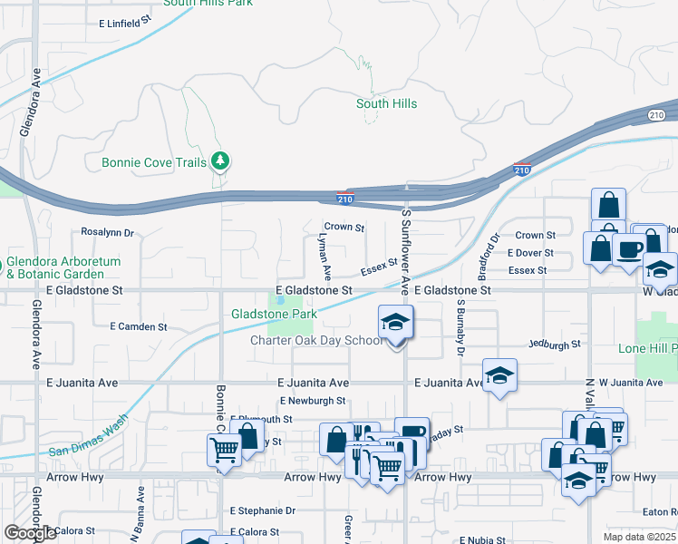 map of restaurants, bars, coffee shops, grocery stores, and more near 735 Essex Street in Glendora