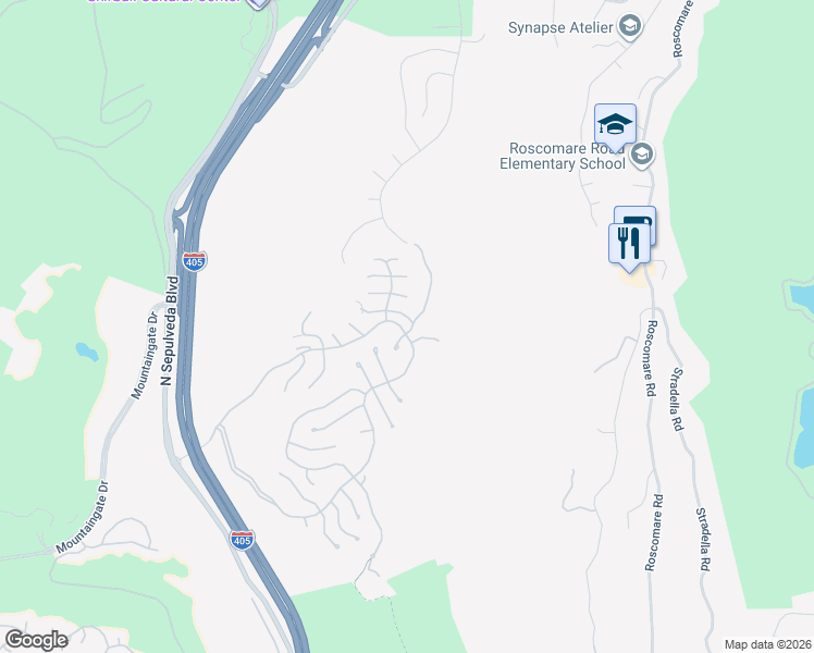 map of restaurants, bars, coffee shops, grocery stores, and more near 11701 Bel Air Crest Road in Los Angeles