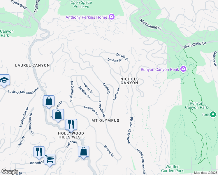 map of restaurants, bars, coffee shops, grocery stores, and more near 2362 Apollo Drive in Los Angeles