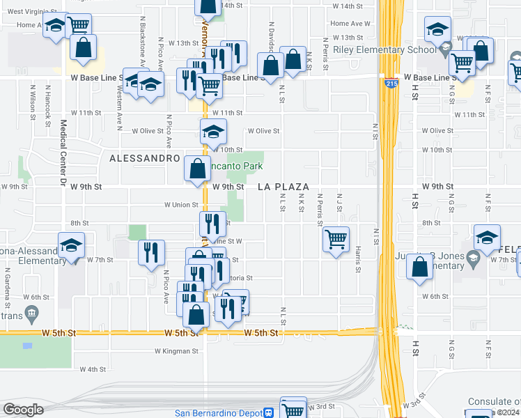 map of restaurants, bars, coffee shops, grocery stores, and more near 838 North Davidson Avenue in San Bernardino