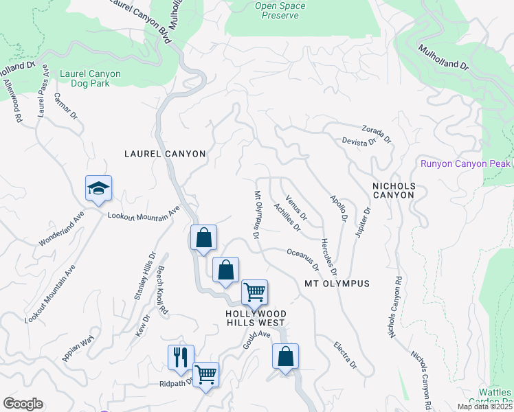 map of restaurants, bars, coffee shops, grocery stores, and more near 2377 Mount Olympus Drive in Los Angeles