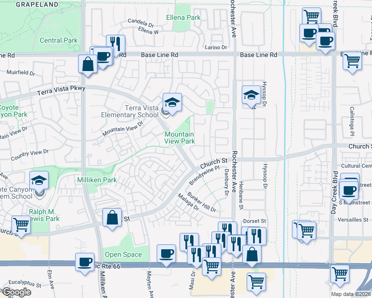 map of restaurants, bars, coffee shops, grocery stores, and more near 7687 Massachusetts Place in Rancho Cucamonga