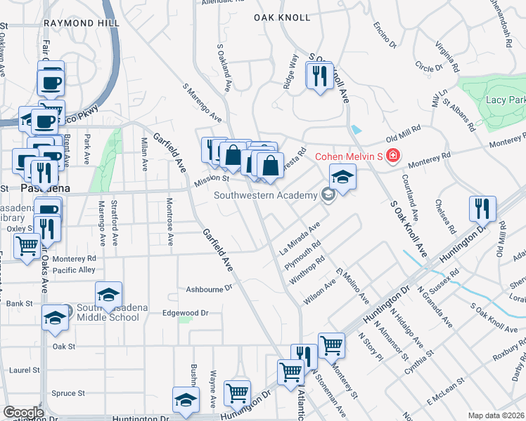 map of restaurants, bars, coffee shops, grocery stores, and more near 1900 Montrobles Place in San Marino