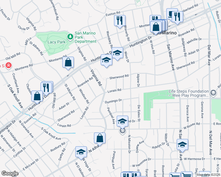 map of restaurants, bars, coffee shops, grocery stores, and more near 1645 Lorain Road in San Marino