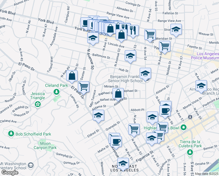 map of restaurants, bars, coffee shops, grocery stores, and more near 5128 Miriam Street in Los Angeles