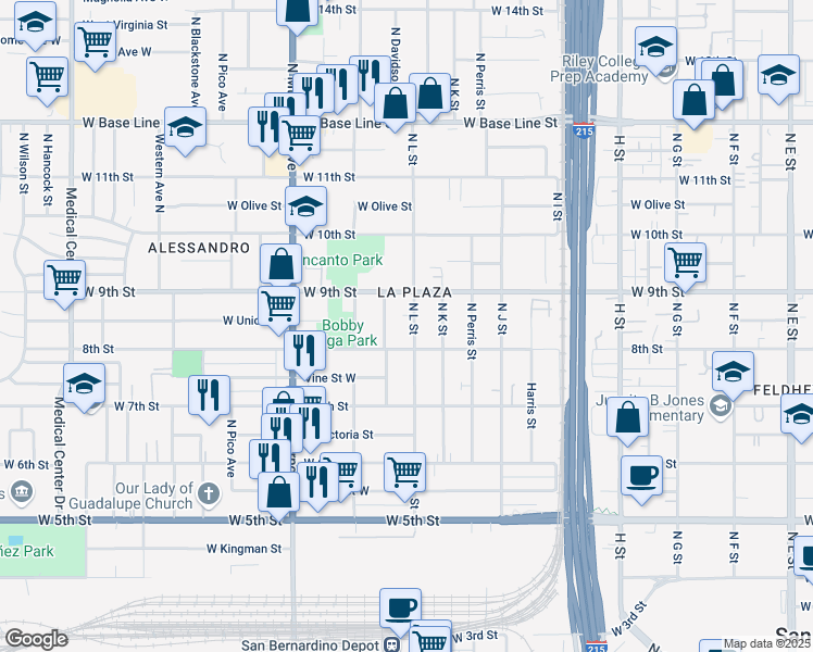 map of restaurants, bars, coffee shops, grocery stores, and more near 824 North L Street in San Bernardino
