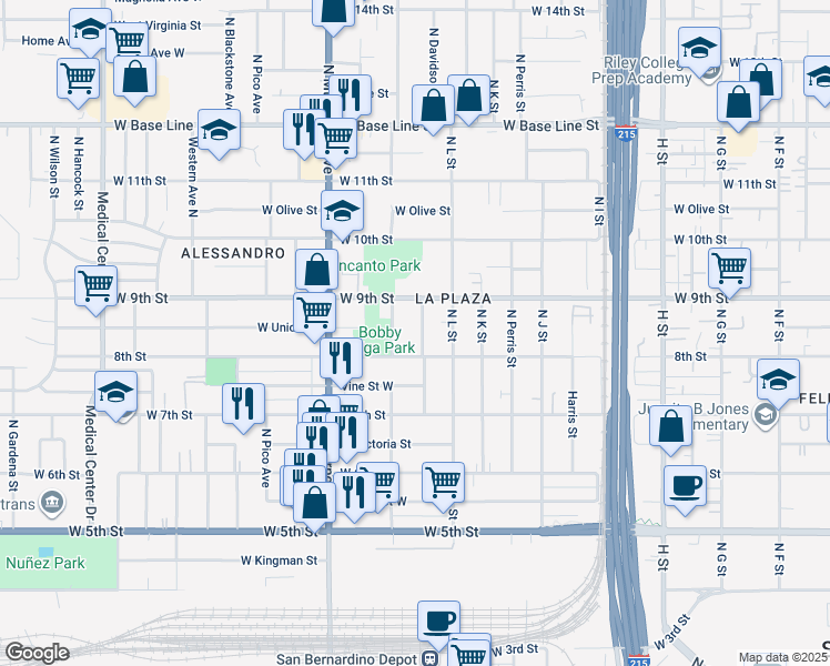 map of restaurants, bars, coffee shops, grocery stores, and more near 836 North Davidson Avenue in San Bernardino