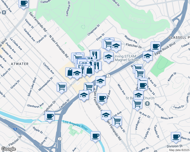 map of restaurants, bars, coffee shops, grocery stores, and more near 3040 Roswell Street in Los Angeles