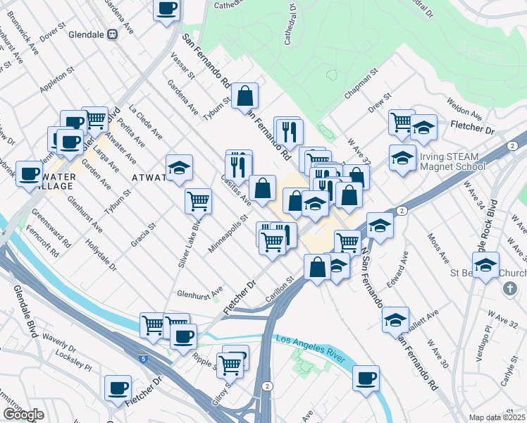 map of restaurants, bars, coffee shops, grocery stores, and more near 3163 Casitas Avenue in Los Angeles