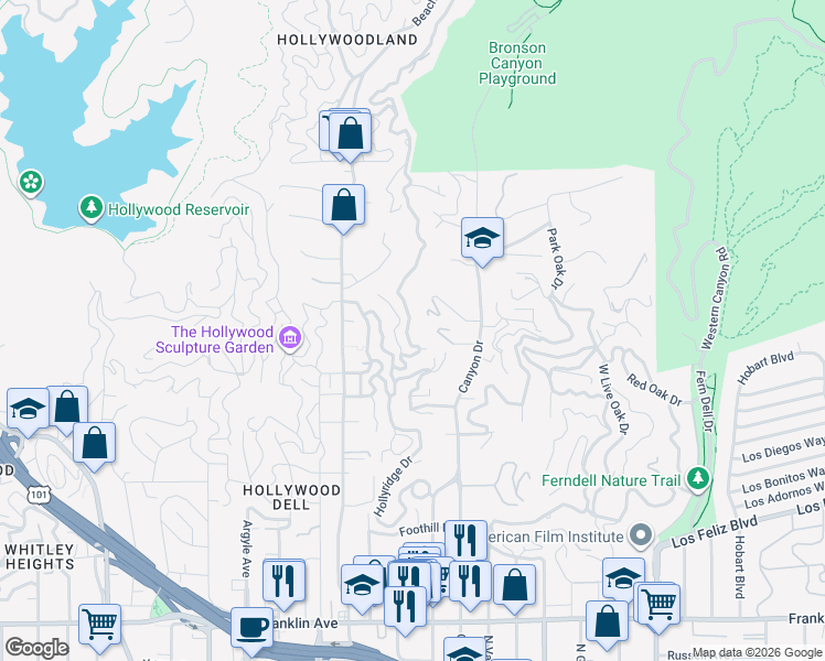 map of restaurants, bars, coffee shops, grocery stores, and more near 2654 Hollyridge Drive in Los Angeles