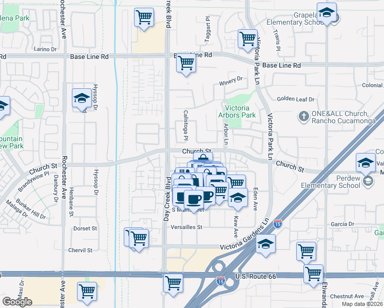 map of restaurants, bars, coffee shops, grocery stores, and more near 12386 Hollyhock Drive in Rancho Cucamonga