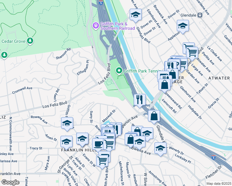 map of restaurants, bars, coffee shops, grocery stores, and more near 3306 Riverside Drive in Los Angeles