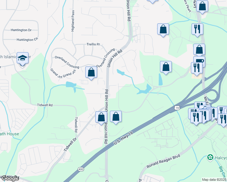 map of restaurants, bars, coffee shops, grocery stores, and more near 1650 Bluegrass Lakes Parkway in Alpharetta