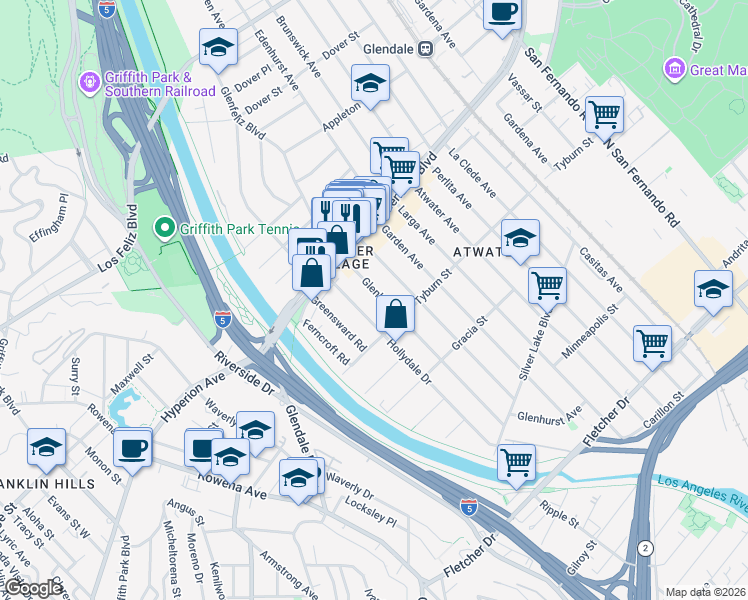 map of restaurants, bars, coffee shops, grocery stores, and more near 3438 Glenhurst Avenue in Los Angeles