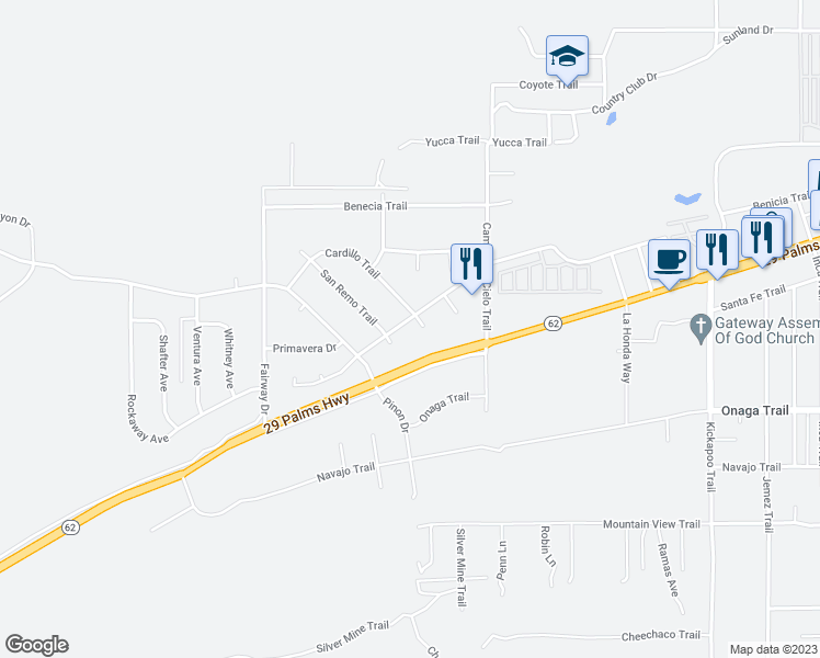 map of restaurants, bars, coffee shops, grocery stores, and more near 7634 Cardillo Trail in Yucca Valley