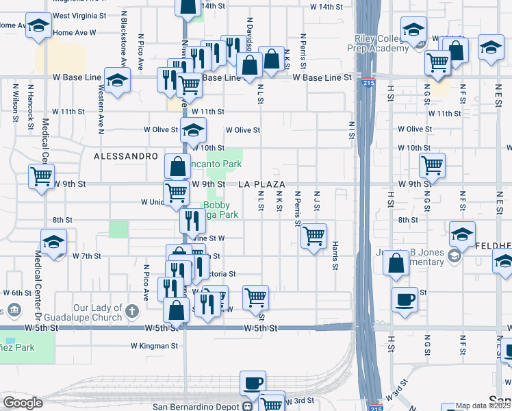 map of restaurants, bars, coffee shops, grocery stores, and more near 824 North L Street in San Bernardino