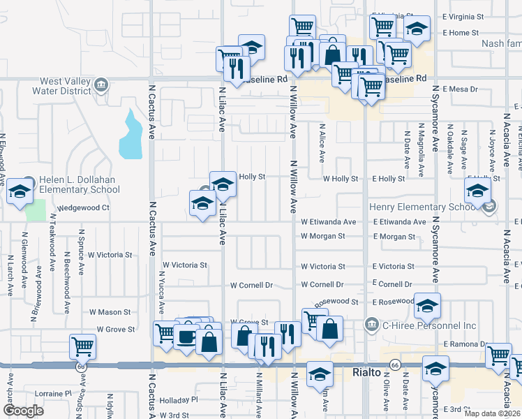 map of restaurants, bars, coffee shops, grocery stores, and more near 825 North Millard Avenue in Rialto