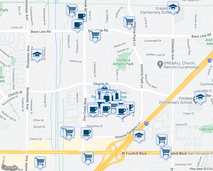map of restaurants, bars, coffee shops, grocery stores, and more near 12422 Benton Drive in Rancho Cucamonga