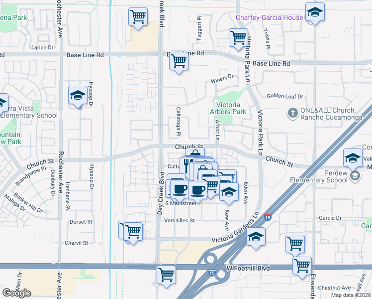 map of restaurants, bars, coffee shops, grocery stores, and more near 12422 Benton Drive in Rancho Cucamonga