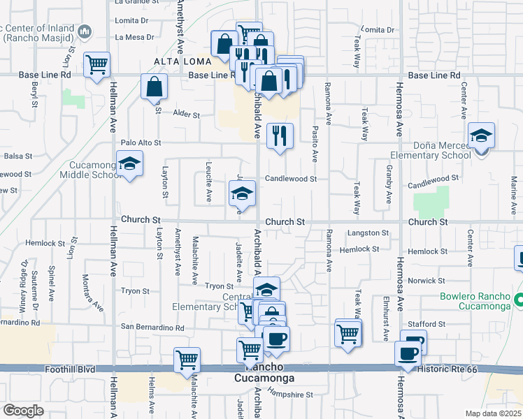 map of restaurants, bars, coffee shops, grocery stores, and more near 7684 Archibald Avenue in Rancho Cucamonga