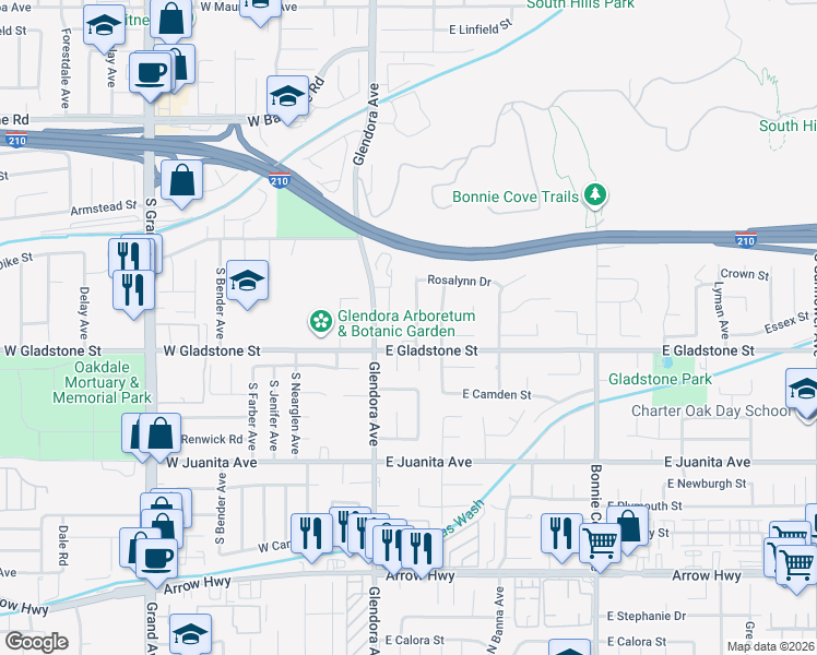 map of restaurants, bars, coffee shops, grocery stores, and more near 1343 South Glencroft Road in Glendora