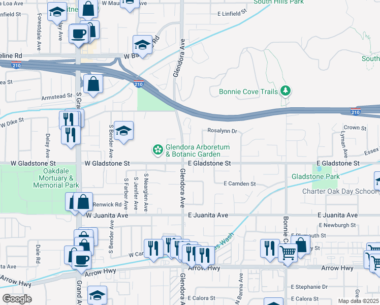 map of restaurants, bars, coffee shops, grocery stores, and more near 1343 South Glencroft Road in Glendora