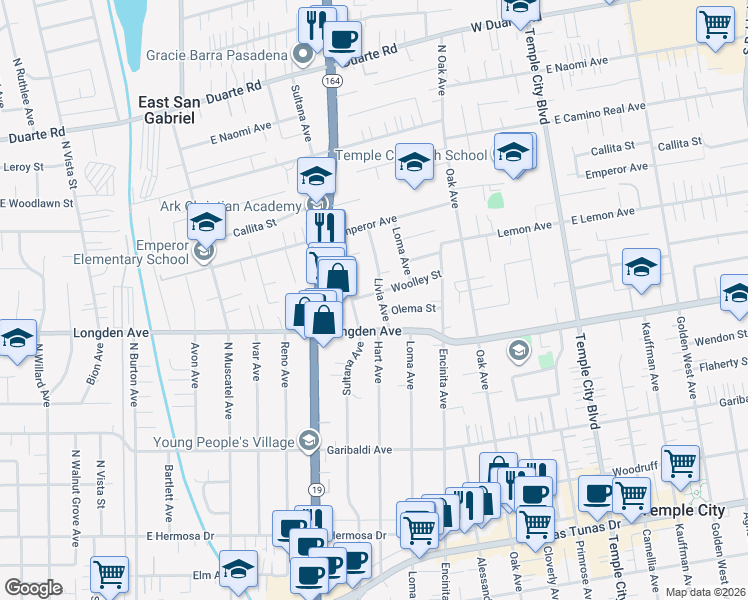map of restaurants, bars, coffee shops, grocery stores, and more near 6333 Livia Avenue in Temple City