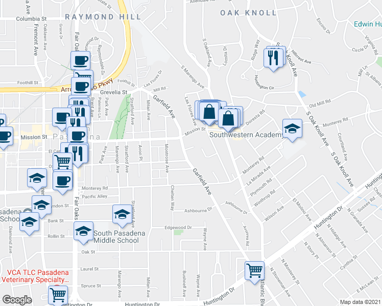 map of restaurants, bars, coffee shops, grocery stores, and more near 1853 McFarlane Street in San Marino
