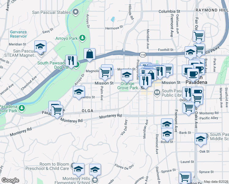 map of restaurants, bars, coffee shops, grocery stores, and more near 624 El Centro Street in South Pasadena