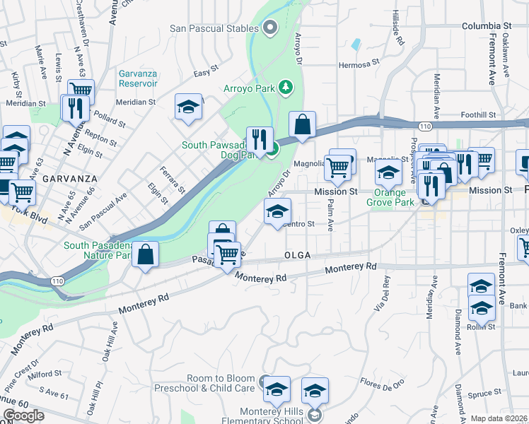 map of restaurants, bars, coffee shops, grocery stores, and more near 341 Pasadena Avenue in South Pasadena
