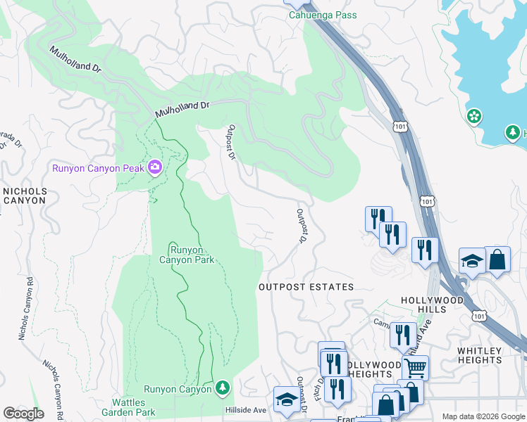 map of restaurants, bars, coffee shops, grocery stores, and more near 2445 Carman Crest Drive in Los Angeles