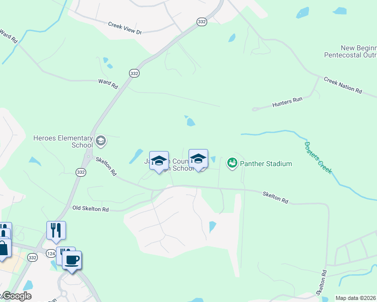 map of restaurants, bars, coffee shops, grocery stores, and more near 4115 Georgia 332 in Hoschton