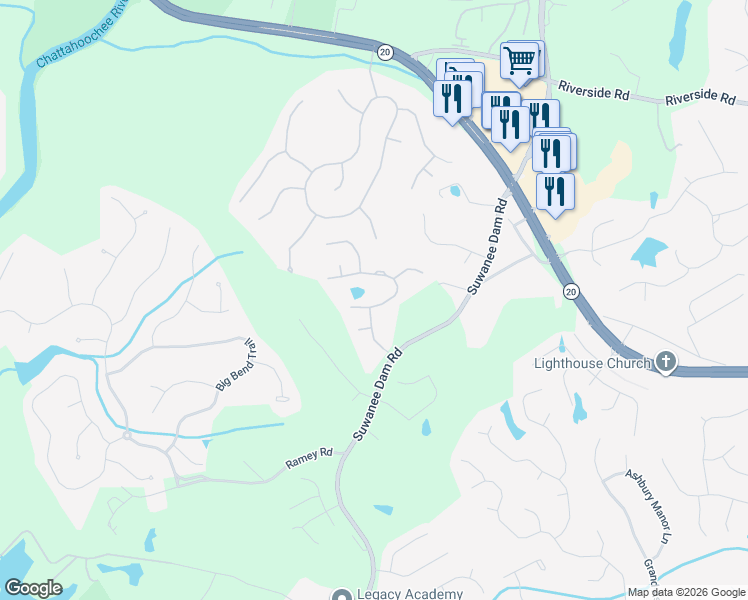 map of restaurants, bars, coffee shops, grocery stores, and more near 246 Ridge Walk Court in Sugar Hill
